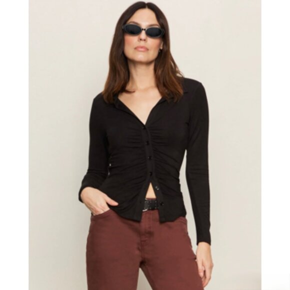 Sanctuary Dreamgirl Ruched Button Up Collared Long Sleeve Knit Top Black Medium - Picture 1 of 11